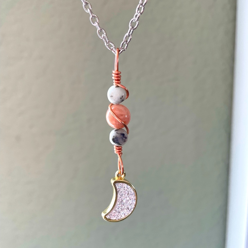 Handmade Wire Wrapped Druzy Crescent Moon & Jasper Pendent Necklace